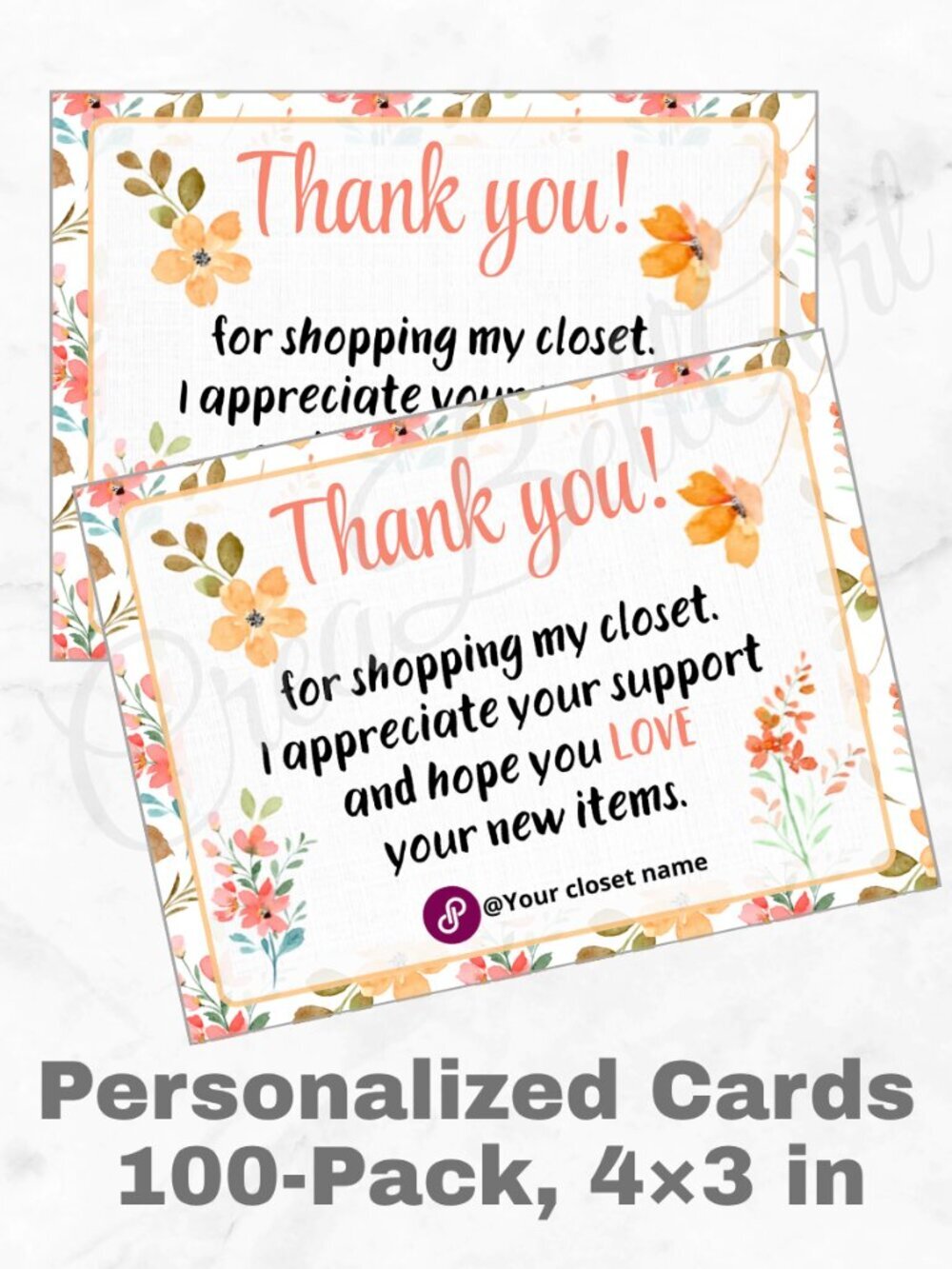 100 Personalized Flowers Thank You Cards Small Business, 4×3 in